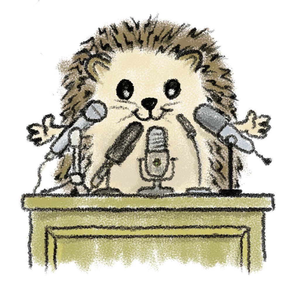 Igelkott som står vid ett podium och håller tal